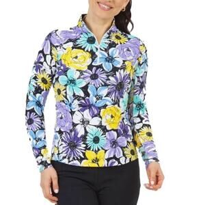 IBKUL Medeline l/s Lavender Floral Print 1/4 Zip Mock Neck Golf Tennis Size M